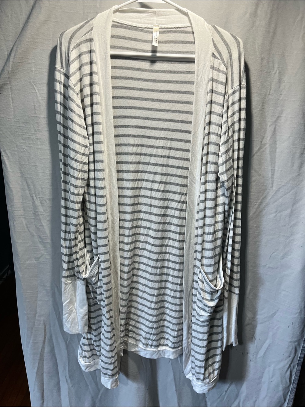 Magic Fit Light Gray and White Striped Open Cardigan
